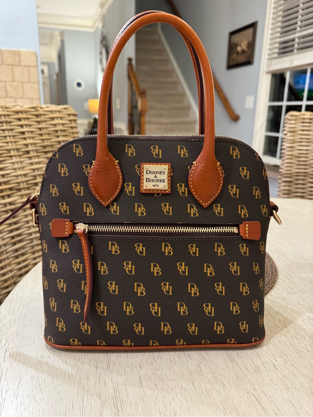 Authentic Dooney & Bourke Brown Logo Domed Satchel with Leather handles